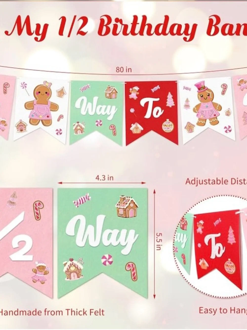 Gingerbread 1/2 Birthday Party Hat, Crib and Banner Set - Pink, Red & Green
